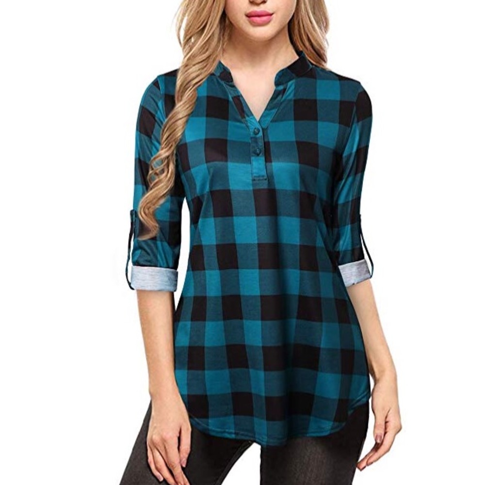 Turquoise and Black plaid top